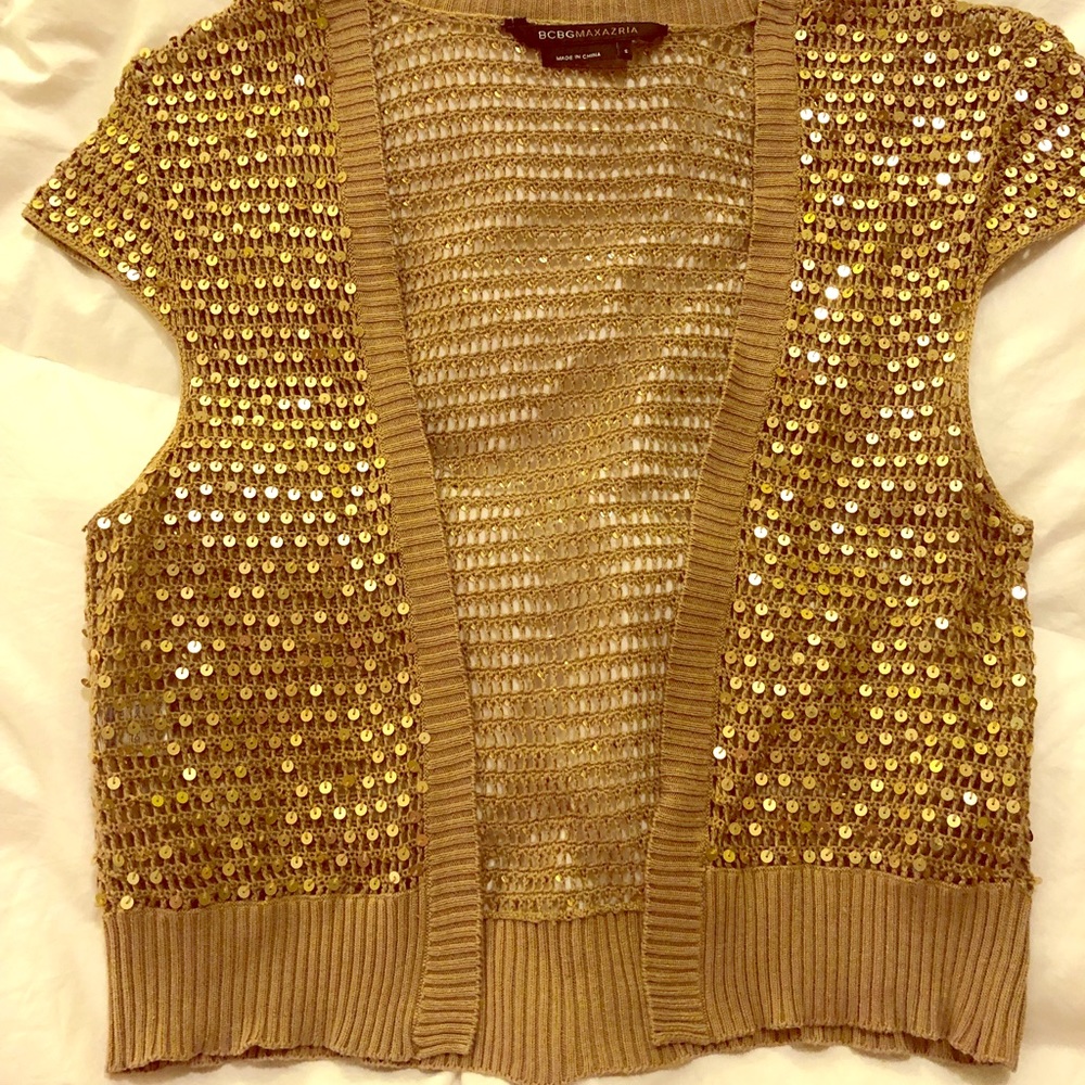 BCBG Max Azria khaki knit shrug with gold sequins.